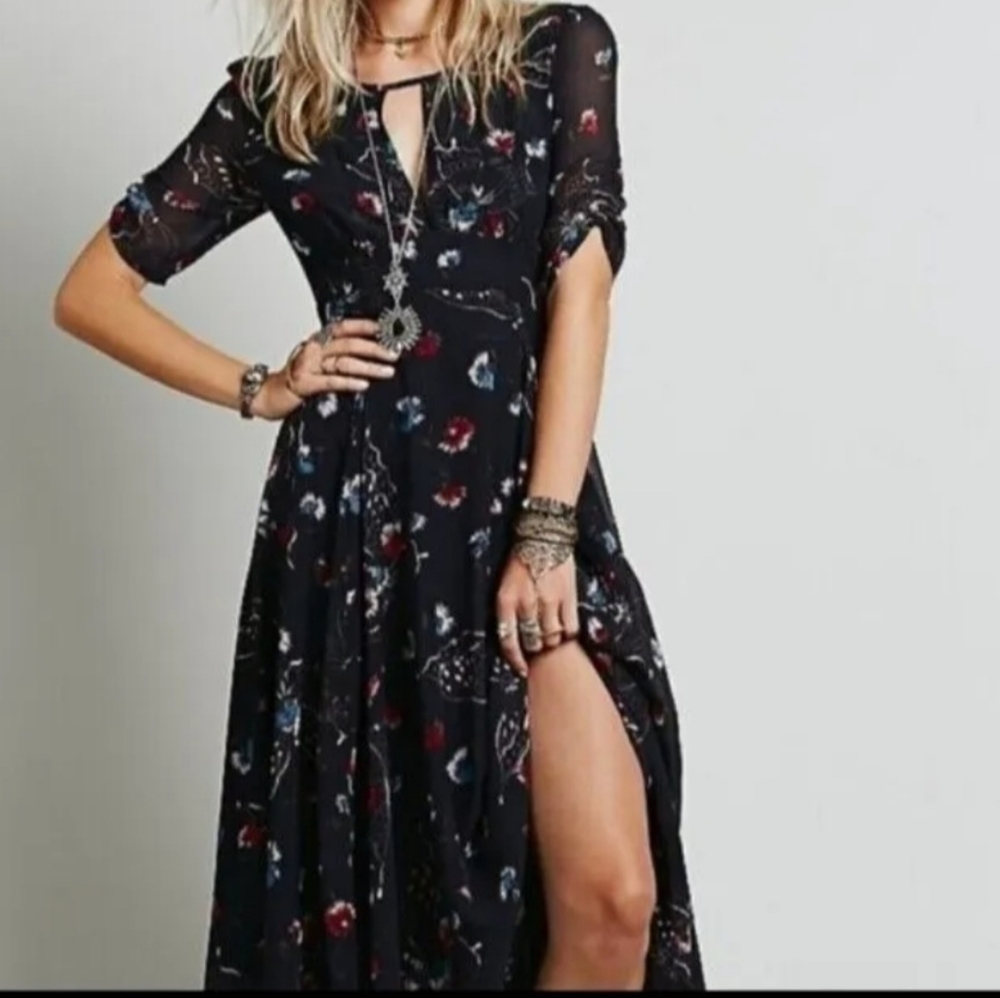 Free People Bonnie Floral Navy Blue Midi Dress